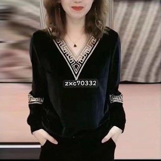 免運🔥大尺碼女裝 金絲絨女上衣 春秋長袖上衣 韓版素色女上衣 新款薄款T恤 寬鬆顯瘦遮肉長袖v領打底衫潮