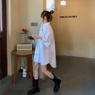 臺灣出貨★長袖襯衫 韓版短袖襯衫女復古港風上衣中長款夏季韓版寬鬆男友襯衫裙白色襯衫 襯衫日系 方領襯衫 襯衫蕾絲 七分袖