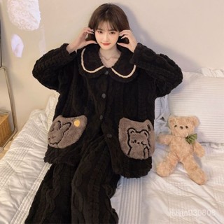 臺灣出貨【秋冬睡衣】大碼睡衣 加絨睡衣 胖MM睡衣 睡衣女 秋冬季加絨加厚珊瑚絨睡衣 韓版開衫翻領保暖法蘭絨家居服套裝