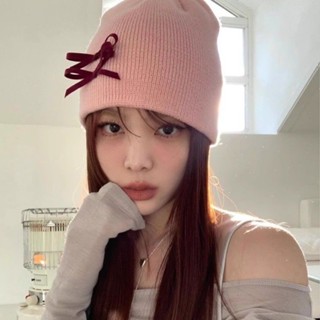 東大門韓版小眾設計ins博主同款粉色針織絲絨蝴蝶結百搭冷帽線帽Fashion SHOP