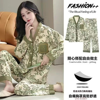 100%純棉帶胸墊睡衣女秋冬家居服和服兩件套開衫套裝可外穿睡衣女生睡衣套裝兩件式睡衣居家睡衣女睡衣大碼睡衣居家服套裝