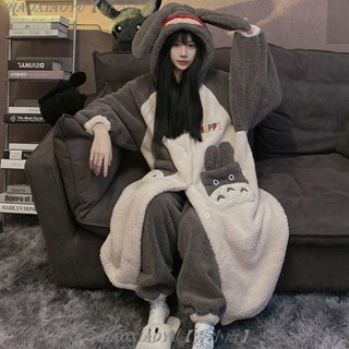 喬小雨~睡衣 新款韓版秋冬季加厚口袋龍貓睡衣女珊瑚絨可愛睡袍加絨家居服 睡衣冬天 睡衣女 睡衣套裝 睡衣大尺碼