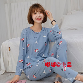 嘟嘟優品 春秋季新款睡衣女薄日係簡約ins風圓領長袖長褲秋冬天家居服套裝女睡衣 居家服 女生睡衣