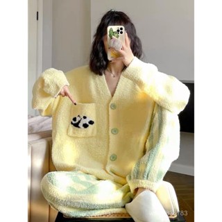 暖冬必備🔥 可外穿法蘭絨珊瑚絨珊瑚絨睡衣女冬季韓版高階感簡約新款長袖開衫加厚毛絨家居服套裝