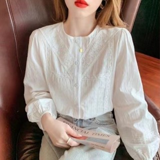 【免運】高階提花法式別緻蕾絲邊鏤空襯衫女春秋新款婉約素雅長袖圓領襯衣精緻優雅洋氣上衣韓版潮ins