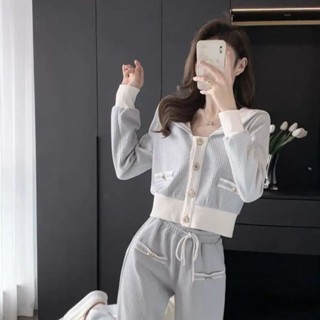 【免運】韓風穿搭洋氣小個子時尚減齡連帽短版上衣+寬鬆顯瘦寬褲休閒套裝女秋季新款兩件套