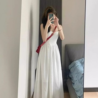 【免運】法式初戀感甜美清新氣質收腰顯瘦小白裙吊帶高階感小眾學院風長裙子自帶胸墊溫雅氣質無袖僊女裙韓版潮ins