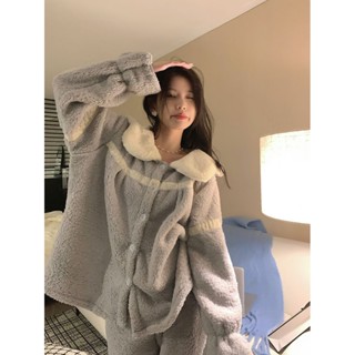 可愛娃娃領珊瑚絨睡衣女冬季新款加絨加厚親膚毛絨家居服大碼套裝