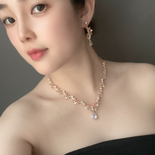 網紅宮廷風韓式新娘婚紗項鏈耳環套裝女水晶鎖骨鏈晚禮服配飾簡約