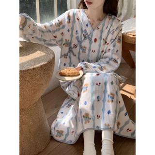 珊瑚絨睡袍女冬季甜美加厚法蘭絨高階感可外穿睡裙冬天少女家居服【Jsna皇后】
