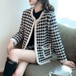 新款💖正韓外套 韓版春季新款小香風千鳥格仿貂絨外套短版寬鬆顯瘦針織小外套女上衣正韓外套 冬天外套 皮衣外套 韓版外套
