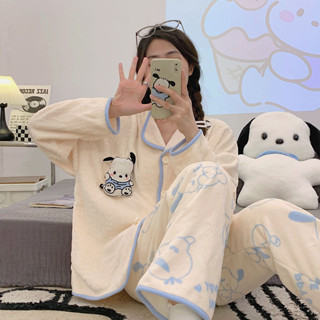 see 保暖睡衣 加絨睡衣 居家服 長袖睡衣 日系ins 珊瑚絨睡衣女冬長袖開衫加絨加厚保暖法蘭絨秋冬季家居服