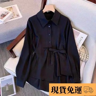 🌸臺灣特價🌸悠米 大碼女裝秋季洋氣減齡綁帶 長袖上衣胖妹妹收腰時尚設計感顯瘦 襯衫 襯衫 長袖襯衫 襯衫女 大尺