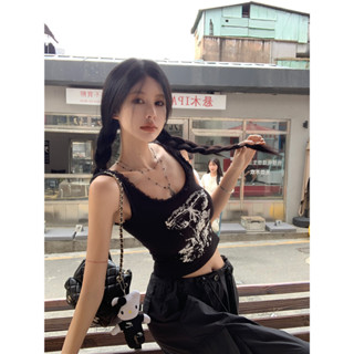 Annie💖甜酷風印花吊帶背心 夏季美式辣妹蕾絲花邊短版上衣