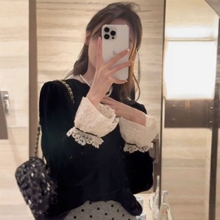 [PING'S🌞]法式蕾絲 新款 拼接絲絨 黑色襯衫 秋冬設計高階 洋氣長袖時尚 打底上衣