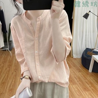 V領亞麻寬松半袖襯衫女復古純色大碼上衣棉麻顯瘦透氣襯衣女 大尺碼上衣 大尺碼女裝 夏季女裝 日系穿搭 大尺碼襯衫