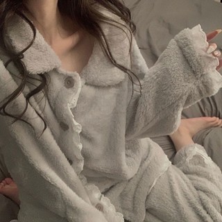 嘉義出貨♕韓版珊瑚絨睡衣女 冬季ins網紅素色灰色刷毛睡衣 小外套蕾絲花邊寬鬆舒適 加厚保暖法蘭絨女生居家服套裝