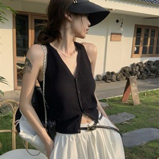 【免運】短板上衣 韓版黑色v領吊帶背心女裝夏季性感辣妹無袖簡約遮肉氣質短版上衣外穿 T恤 短版上衣 oversize t