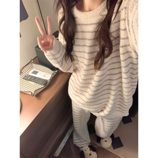 冬季新款簡約珊瑚絨睡衣女加絨加厚毛絨保暖法蘭絨休閑家居服套裝睡衣 家居服 居家服 居家睡衣 睡衣套裝 長袖家居服