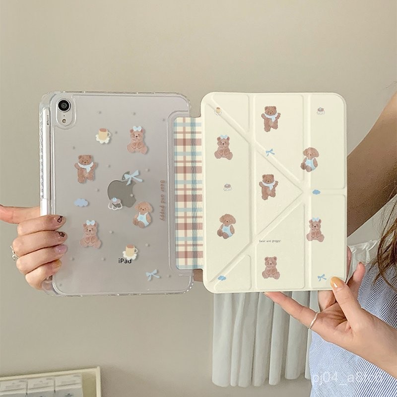 新款ipad保護殻.ins蝴蝶結小熊新款ipadair8保護套Y+三折MINI7筆槽ipad10防摔10.9