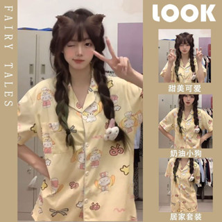 see 女生睡衣 居家服 家居服 睡衣套裝 可愛餅餅睡衣女夏季新款短袖短褲ins日系卡通學生居家服套裝外穿