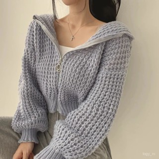 精緻女人生活館💄韓國chic秋冬慵懶風連帽短款毛衣外套女設計感粗針翻領寬鬆針織衫