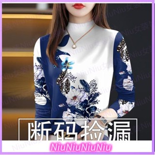 【Niu大碼】德絨保暖半高領打底衫女秋冬新款洋氣印花中老年修身內搭小衫上衣|保暖長袖上衣|時尚打底衫|大碼女裝|氣質媽媽