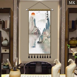 【百搭】流水生財布藝掛畫中式山水風景掛布背景墻中國風入戶玄關裝飾掛毯 實木掛畫掛布