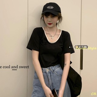 撞色短袖T恤女夏季韓版學生寬松大碼胖mm300斤蕾絲吊帶上衣兩件套 T恤 潮流衣服 寬鬆上衣 C