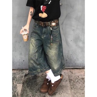 ⚡桃園出貨 七分牛仔褲 美式 復古美式街頭複古水洗做舊牛仔短褲男夏季百搭休閒寬鬆中褲闊腿七分褲