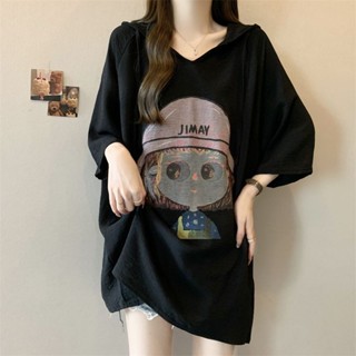 Meet.You.大碼女裝卡通印花連帽短袖T恤女夏季新款寬鬆顯瘦減齡胖mm上衣女