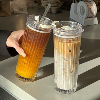 豎條紋水杯 大容量玻璃水杯 ins風吸管杯 帶蓋吸管杯 牛奶杯果汁飲料咖啡杯辦公水杯子男女