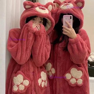 珊瑚絨睡袍 保暖睡袍 加厚睡袍 冬天睡袍 毛毛睡袍秋冬季睡袍加厚加絨保暖可愛草莓熊睡衣卡通學生長款珊瑚絨家居服