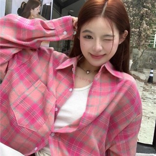 Meet.You.韓版polo領格子長袖襯衫女裝秋季綠色薄款寬鬆中長款防曬外套上衣