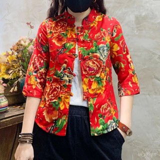 🔥東北大花佈新款民族風上衣 潮流大尺碼女 媽媽裝秋夏外套 東北大花撞色拚接原創寬鬆外套 中國風特色民族風 盤扣複古旗袍式