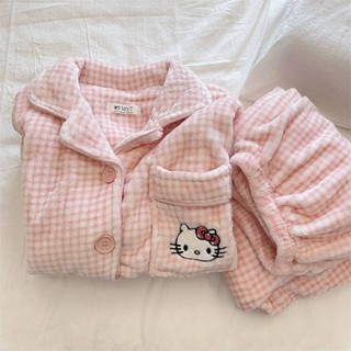 粉色格子 kitty貓 珊瑚絨睡衣 女秋冬季 加絨 加厚 保暖 甜美家居服套裝 女生睡衣 冬季加厚加絨睡衣 甜美可愛睡衣
