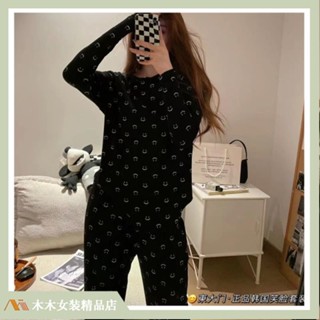 臺灣出貨🔥ins韓版東大門睡衣 長袖睡衣 女圓領睡衣 滿印笑臉睡衣 可愛休閒居家學生甜美可愛舒適套裝 201 203