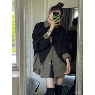 【真的很哇塞~】韓版上衣 女生上衣 春秋新款上衣 設計感不規則長袖衛衣+寬鬆疊穿襯衫 顯瘦上衣 兩件式上衣 氣質上衣