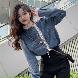 KEKE潮流店(鞋服包)🌸2023年春秋蕾絲花邊牛仔襯衫女寬鬆大碼設計感減齡氣質外套上襯衣