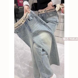 新款秋冬直筒牛仔褲顯瘦修身拖地褲大碼刺繡拖地百搭高腰闊腿褲子 秋冬長褲 大碼女裝 大尺碼長褲 YUEJI