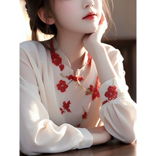 新中式襯衫女春秋內搭洋氣別致漂亮小衫外穿國風刺繡碎花朵上衣 新中式 中國風上衣 長袖襯衫 復古 國風襯衫 襯衫女 大尺碼