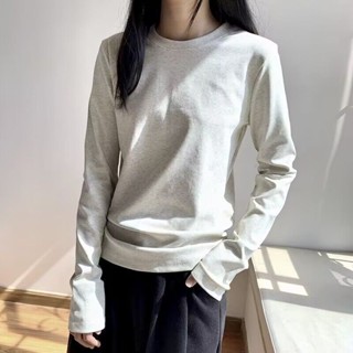純棉正肩灰色長袖t恤女春秋冬內搭修身顯瘦基礎款圓領打底衫上衣 韓版上衣 大尺碼上衣 冬天衣服 大尺碼女裝 長袖上衣