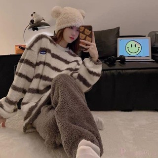 💕PixiePop💕 睡衣 可愛睡衣 家居服 居家服 冬天睡衣 珊瑚絨加絨法蘭絨家居服女網秋冬季宿舍條紋加厚ins紅