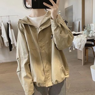 韓版連帽工裝外套女 寬鬆復古顯瘦連帽簡約款插肩袖上衣外套 寬鬆連帽風衣 卡其色慵懶風外套