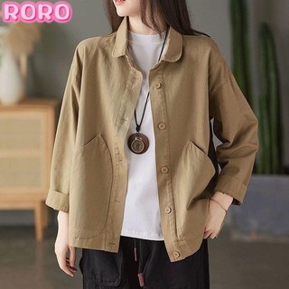 RORO🔸M-3XL 大碼外套 純色外套女新款春秋季斜紋純色大口袋單排扣寬松休閑上衣女
