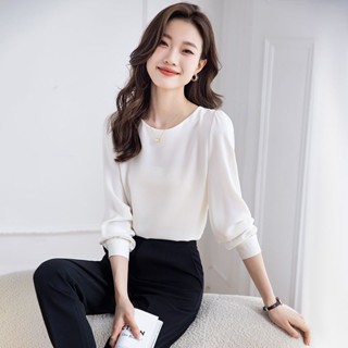 白色圓領雪紡職業襯衫女春秋2024新款內搭打底女士高階感襯衣上衣長袖上衣 防曬 罩衫 上班襯衫 薄外套 素色襯衫 修身