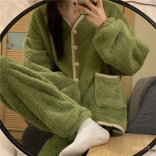 🔆小甜甜日係美衣👙珊瑚絨法式慵懶風睡衣女秋冬季加絨加厚開衫綠色法蘭絨寬鬆家居服 EBE9