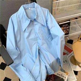 【magxixi】臺灣出貨🚚設計感小眾雙拉鏈長袖襯衫女春款高階感襯衣韓版百搭別緻上衣外套