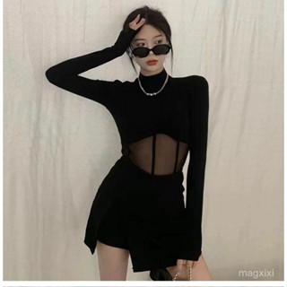 【magxixi】臺灣出貨🚚長袖網紗T恤女秋2024辣妹歐美修身打底衫網紗設計感顯瘦魚骨上衣
