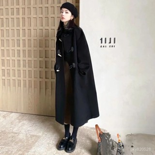 【Do·To】秋冬大衣 外套 大衣女 赫本風黑色牛角扣大衣 女 中長款加厚秋冬外套 高階感 新款韓係羊角呢子毛呢外套